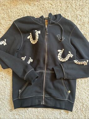 True Religion| Men’s  Black Zip Hoodie with Logo Prints 👀